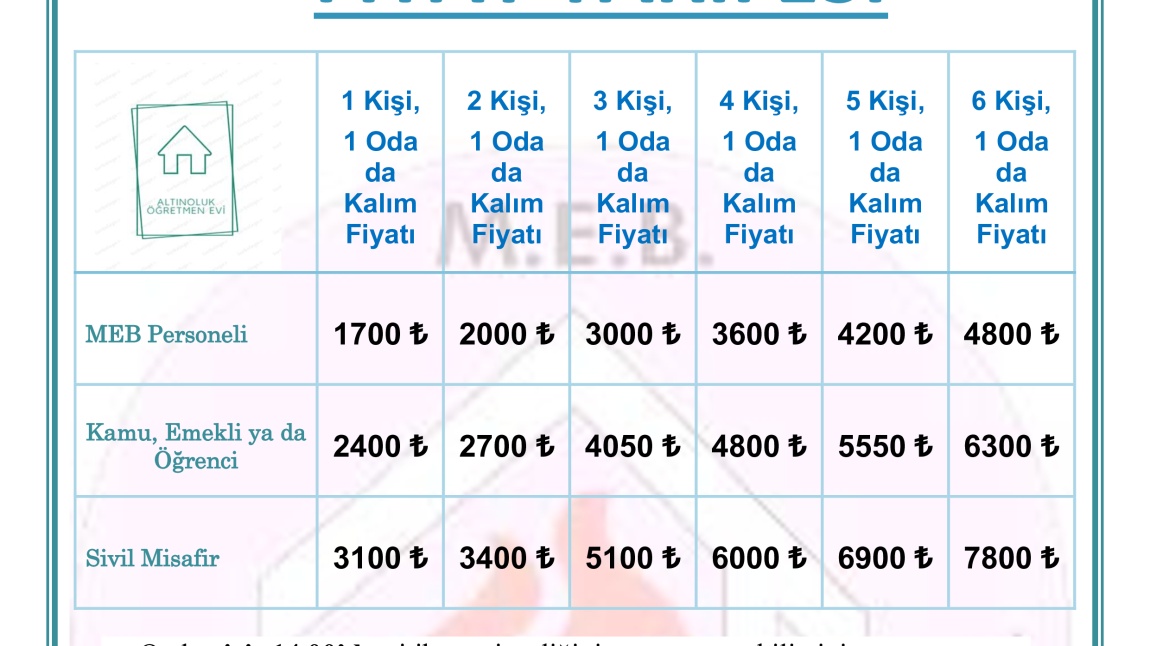 01 Mayıs - 30 Haziran 2025 YILI KONAKLAMA ÜCRETLERİ
